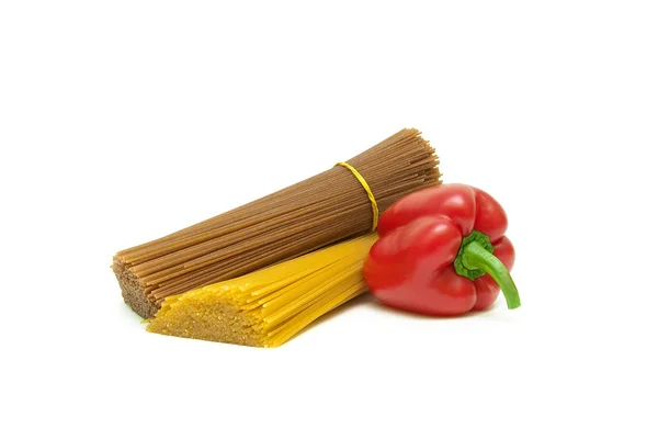 Spaghetti and sweet peppers on a white background — Stock Photo, Image