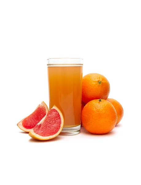 Fruit juice in a glass, tangerine and grapefruit on a white back — Stock Photo, Image