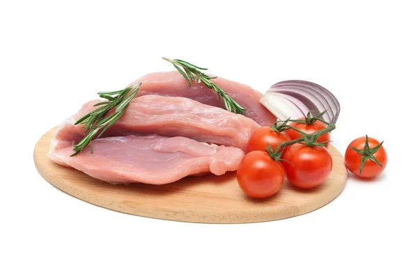 Bit av kött, tomat, lök och rosmarin på vit bakgrund — Stockfoto