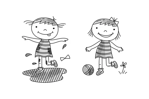 Menina pulando na lama, menina jogar com bola —  Vetores de Stock