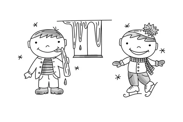 男孩舔冰柱和男孩滑冰 — 图库矢量图片