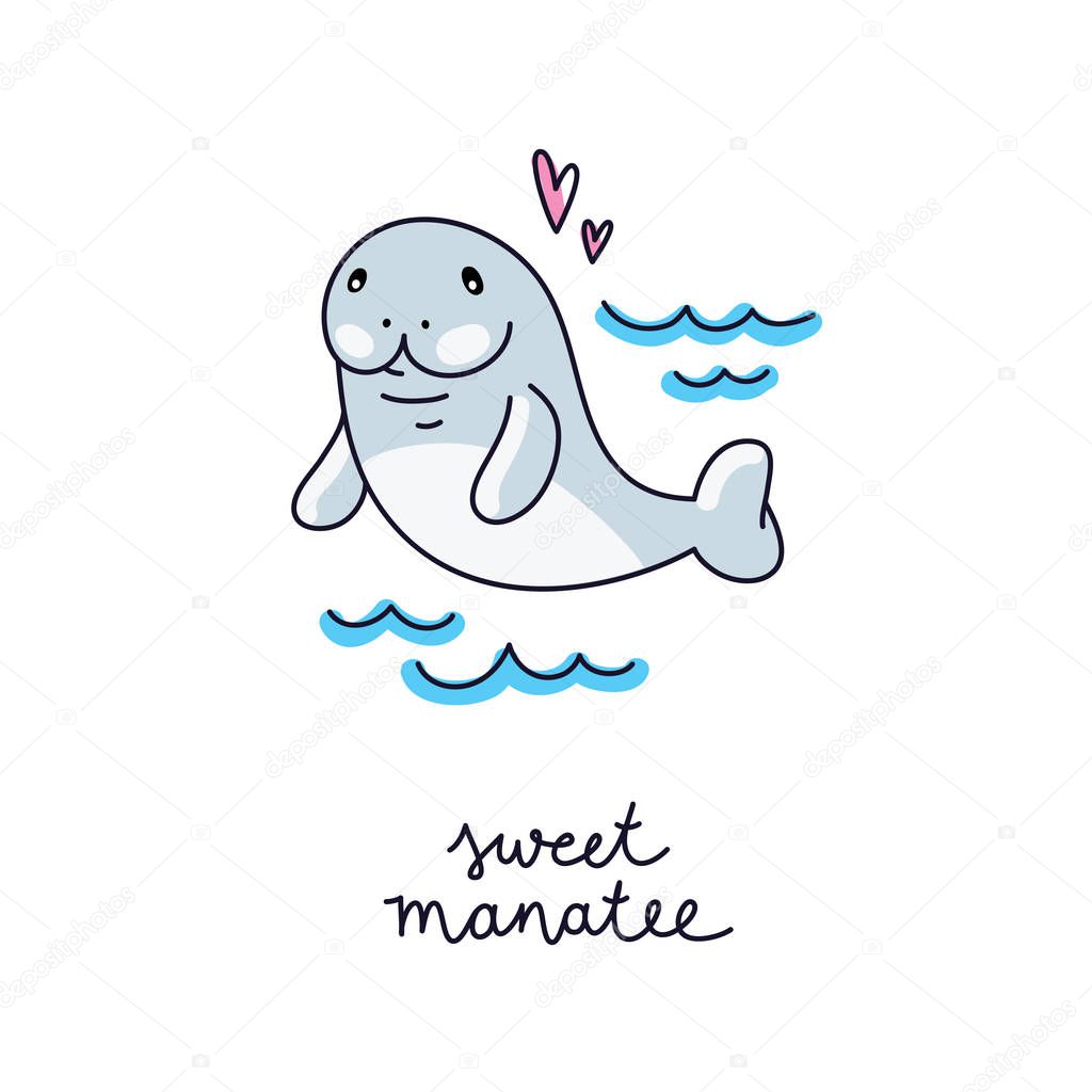 Cute cartoon manatee in sea waves, vector hand drawn illustration