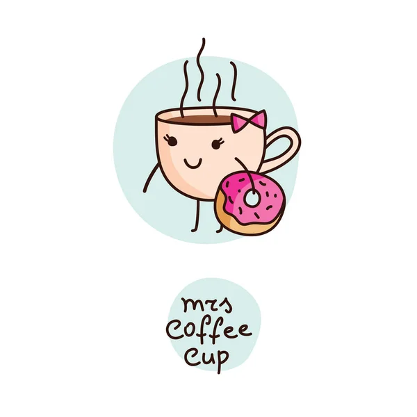Bonito desenho animado vetor xícara de café e donut — Vetor de Stock
