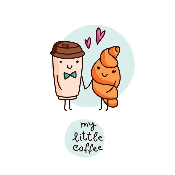 Coffee and croissant, cute cartoon vector card — Stock Vector