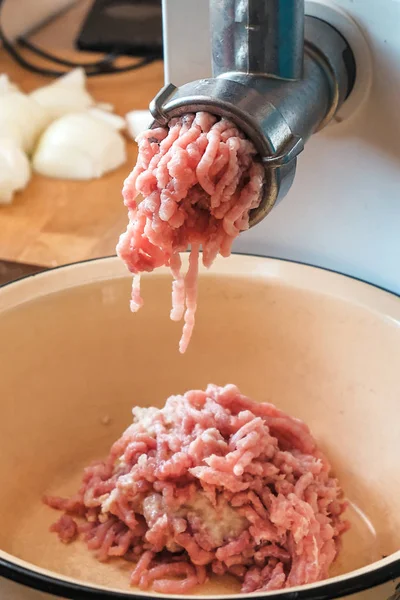 Carne picada en una picadora de carne — Foto de Stock