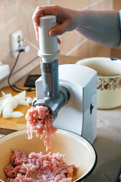 Carne picada en una picadora de carne — Foto de Stock