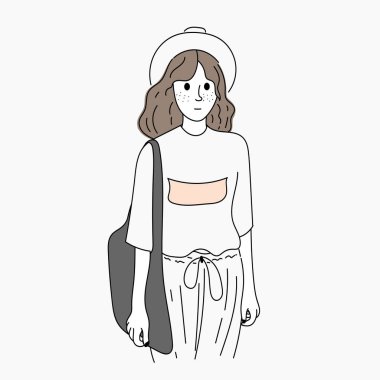 Kadınlar dışarıda alışveriş yaparken moda giyinirler. Doodle sanat konsepti, resim çizimi.