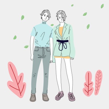Modern moda modasında giyinmiş çiftler alışverişe gidiyor. Doodle sanat konsepti, resim çizimi.