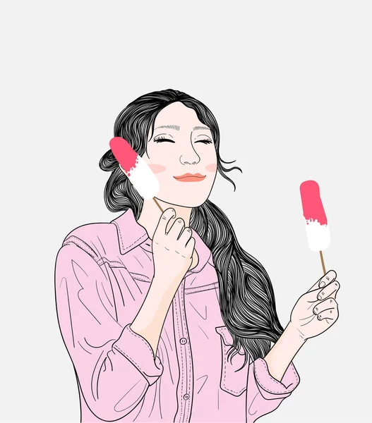 Γυναίκα Τρώει Νόστιμο Παγωτό Έξω Από Σπίτι Doodle Έννοια Της — Διανυσματικό Αρχείο