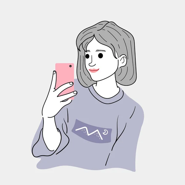 Mujer Está Tomando Una Selfie Para Vestirse Sus Vacaciones Doodle — Archivo Imágenes Vectoriales