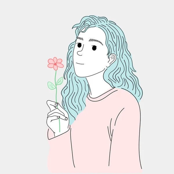 Femme Aux Cheveux Longs Tenant Des Fleurs Dans Main Doodle — Image vectorielle