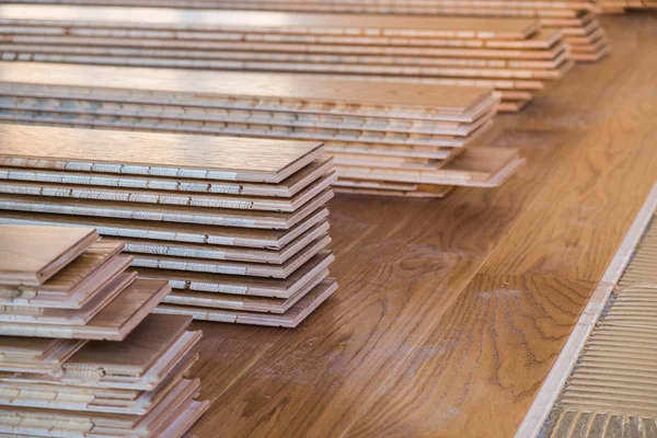 Stack Laminated Wooden Flooring Boards Prepared Installation — Stock Photo, Image