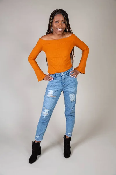 Studio Shot Young Black Woman Vintage Orange Top Baggy Jeans — Stock Photo, Image