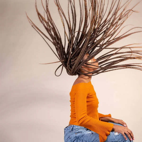 Studio Shot Young Black Woman Flipping Her Hair Back — Stock Photo, Image