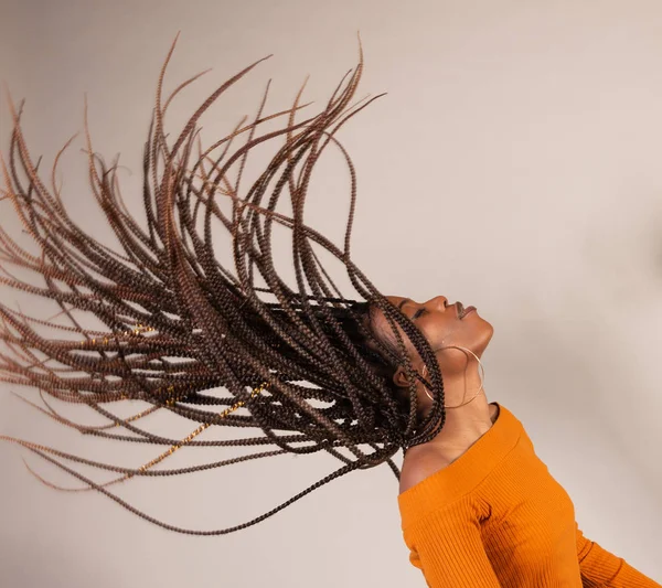 Studio Shot Young Black Woman Flipping Her Hair Back — Stock Photo, Image