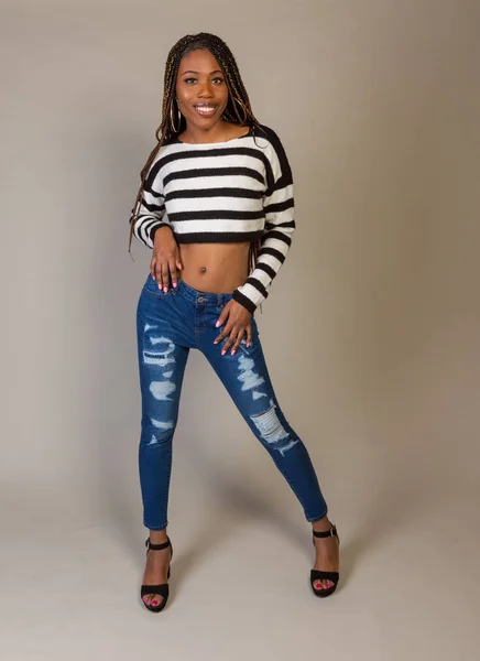 Young Black Girl Striped Shirt Exposed Midriff Posing Studio — Stock Photo, Image