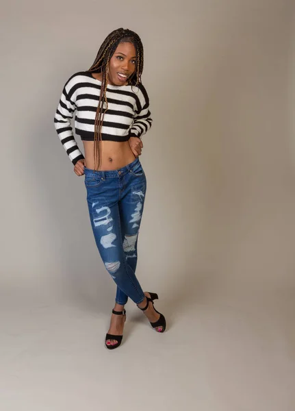 Young Black Girl Striped Shirt Exposed Midriff Posing Studio — Stock Photo, Image