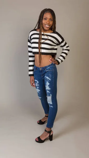 Young Black Girl Striped Shirt Exposed Midriff Posing Studio — Stock Photo, Image