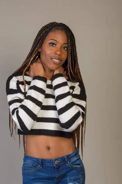 Young Black Girl Striped Shirt Exposed Midriff Posing Studio — Stock Photo, Image