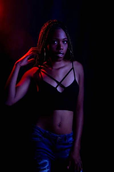 African American Woman Red Blue Studio Lights — Stock Photo, Image