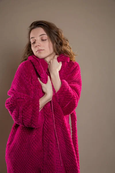 Sexy Young Woman in a Red Bathrobe — Stock Photo, Image