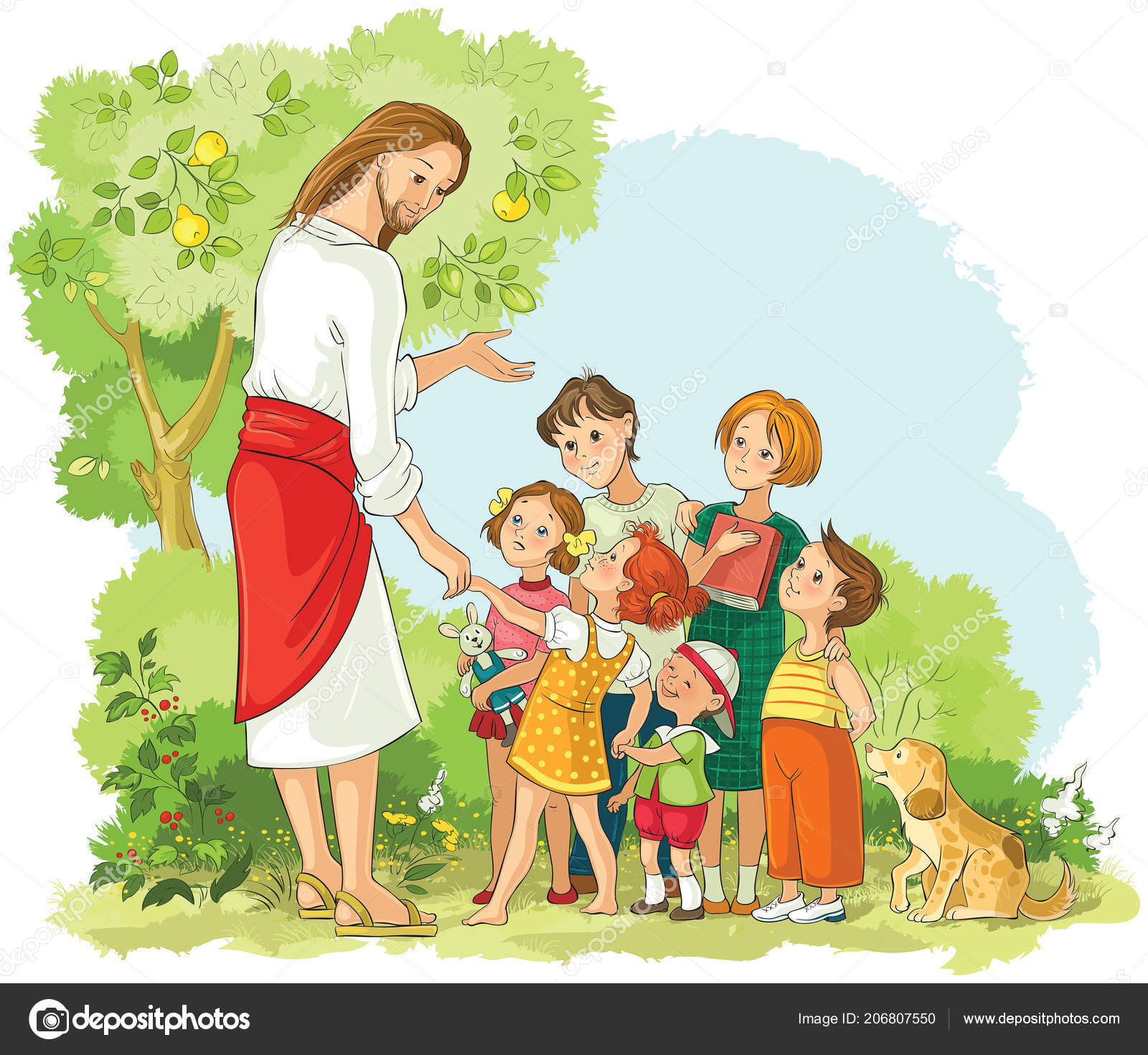 Jesús Con Los Niños Ilustración Cristiana Dibujos Animados Vector