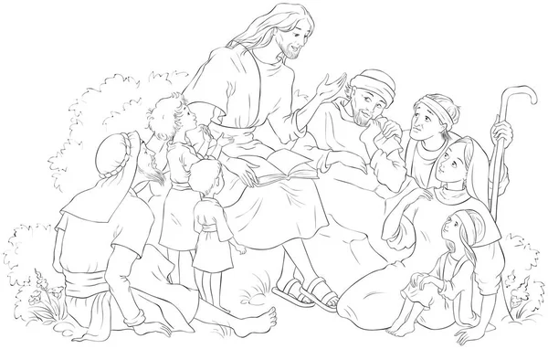 Ježíš Kázal Skupině Lidí Omalovánky Vektorová Kreslená Křesťanská Ilustrace Dostupná — Stockový vektor