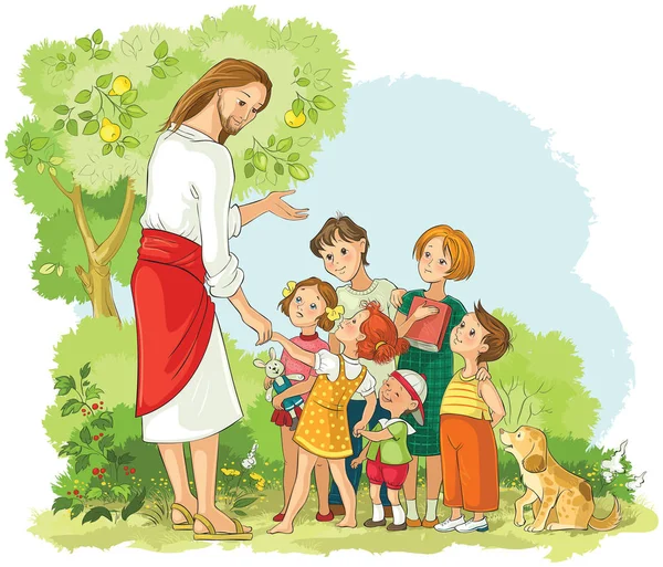 Jesús Con Los Niños Dibujos Animados Vectorial Ilustración Cristiana También — Archivo Imágenes Vectoriales