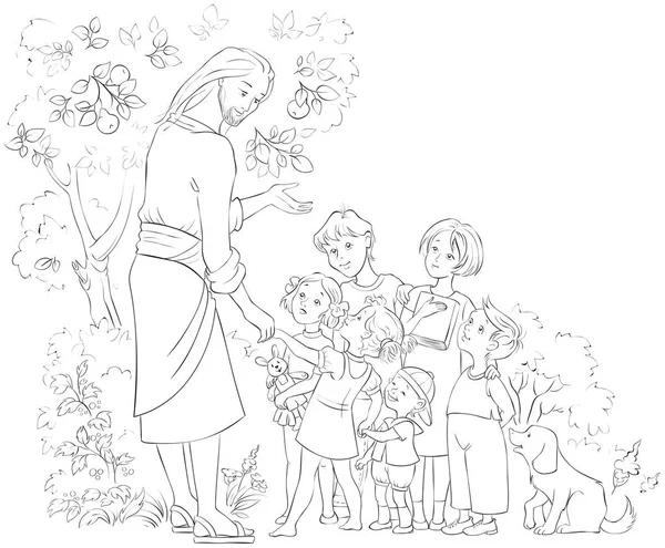 Coloriage Jésus Avec Les Enfants Illustration Chrétienne Dessin Animé Vectoriel — Image vectorielle