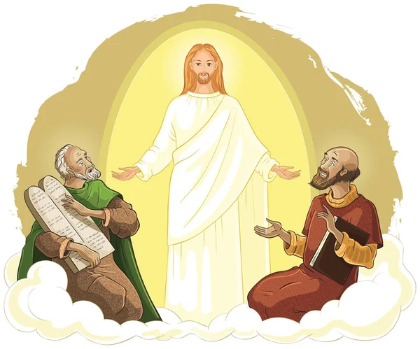 耶稣基督与以利亚和摩西的形像 矢量漫画基督教插图 还可提供彩色页面版本 — 图库矢量图片