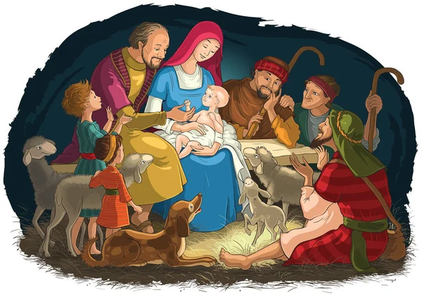 聖家族 赤ん坊イエス マリア ヨセフ と羊飼いとクリスマスのネイティビティシーン カラーページバージョンもあります — ストックベクタ