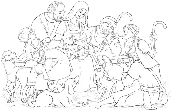 Kerststal Met Heilige Familie Baby Jezus Maria Jozef Herders Kleurplaat Rechtenvrije Stockillustraties