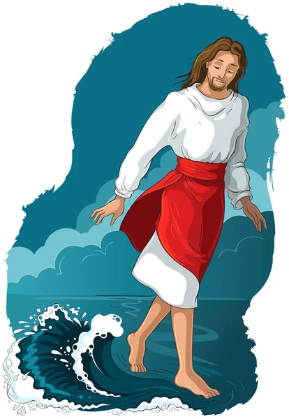Historia Bíblica Jesús Caminando Sobre Agua Dibujos Animados Vectorial Ilustración — Vector de stock