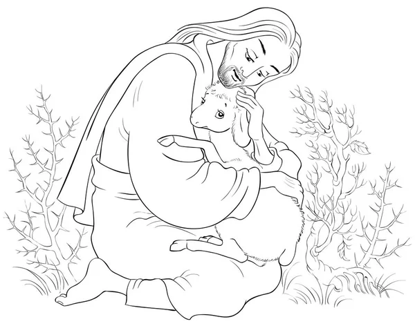 耶稣基督的历史 丢失的羊的比喻 好牧人正在抢救被抓到的一只幼崽 也可用的彩色版本 — 图库矢量图片