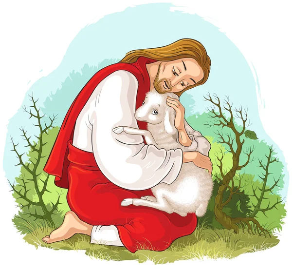 耶稣基督的历史 丢失的羊的比喻 好牧人正在刺中的羔羊 也可提供着色书版本 — 图库矢量图片