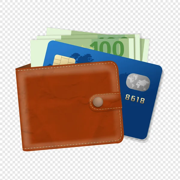 Brieftasche Mit Kreditkarte Und Geld Auf Transparentem Hintergrund Mit Gradientennetz — Stockvektor