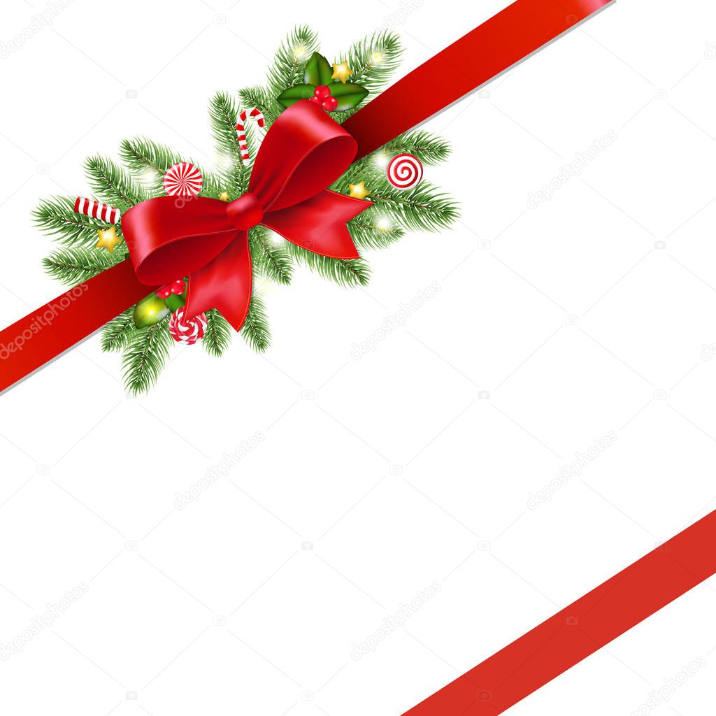 Christmas Red Ribbon And Bow Isolated With Gradient Mesh, Vector Illustration
