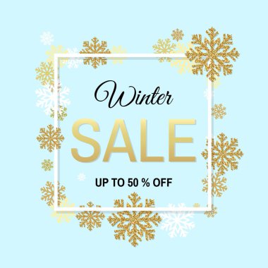 Kış satış poster altın kar taneleri ile