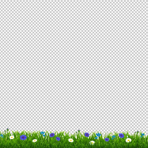 Mavi çiçekler şeffaf arka plan ile yeşil çimen — Stok Vektör