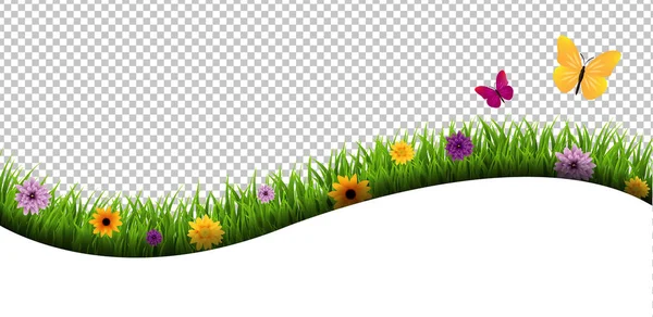 Grass And Flowers And Butterfly Border Isolated Transparent Back — Stock Vector