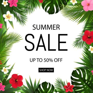 Tropikal Çiçekler Ve Yaprakları ile Yaz satış afişi