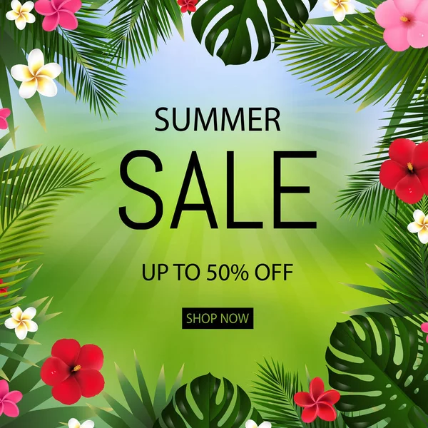 Letní výprodej plakát bokeh a tropické listy a květiny — Stockový vektor