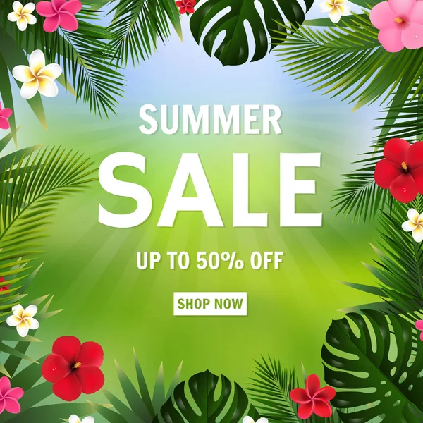 Летняя распродажа плакат Bokeh и тропические цветы — стоковый вектор