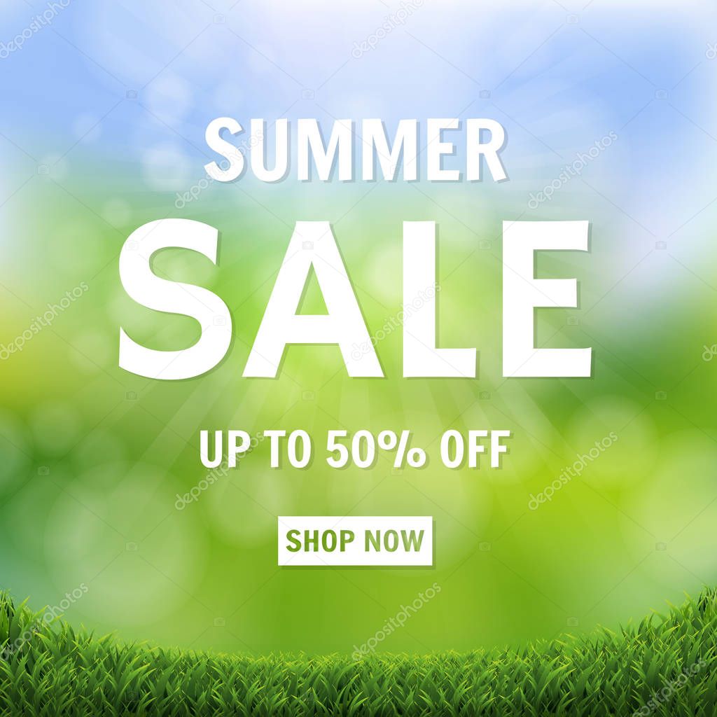 Sale Banner Green Nature Bokeh With Green Grass Border