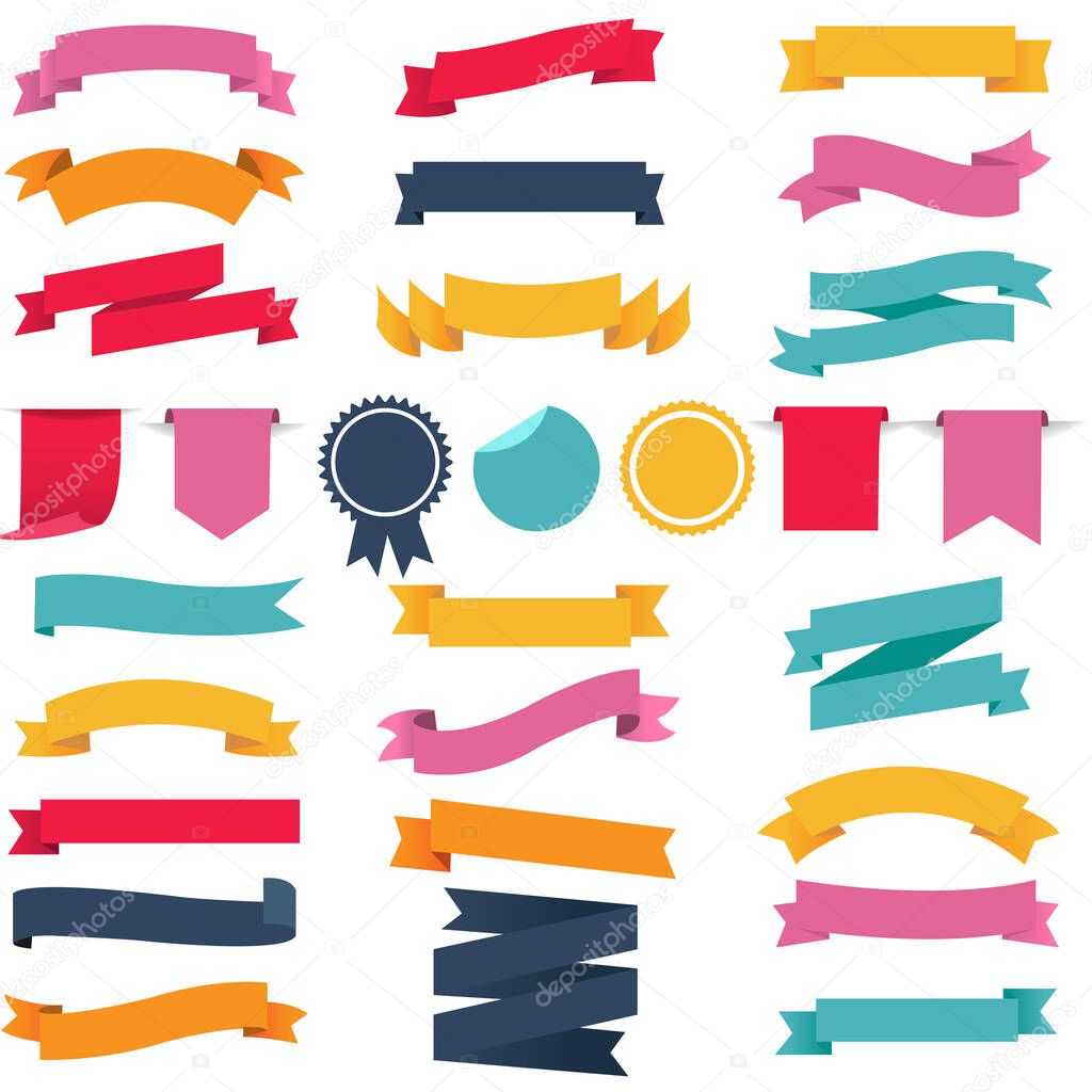 Colorful Ribbons And Labels Set White Background