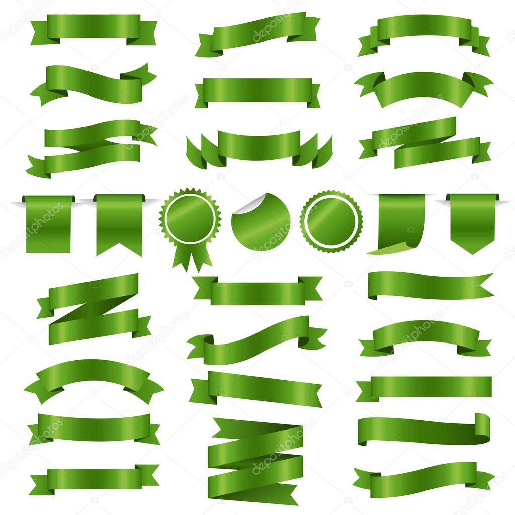 Green Ribbons And Labels Set White Background