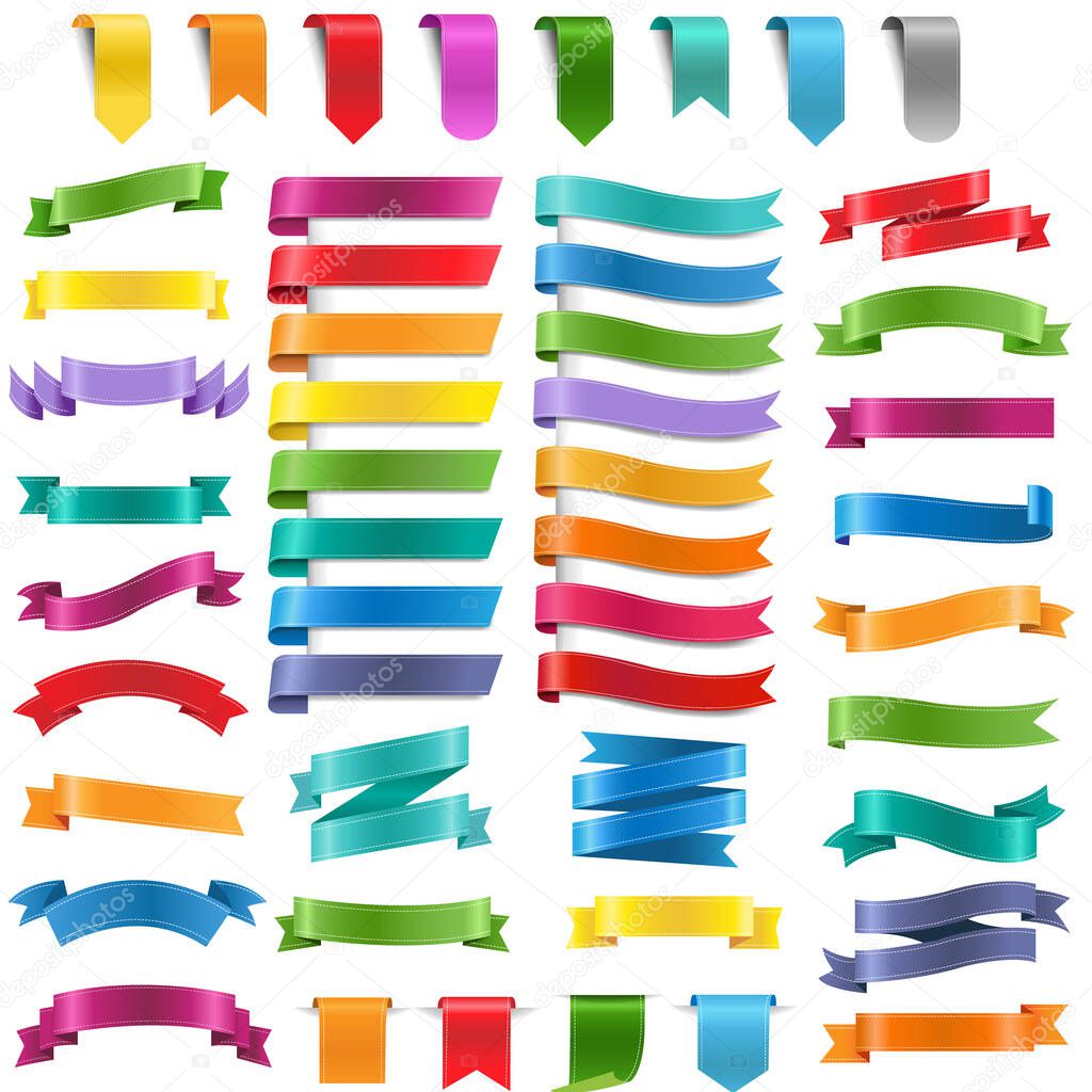 Colorful Ribbons And Labels Big Collection White Background With Gradient Mesh, Vector Illustration