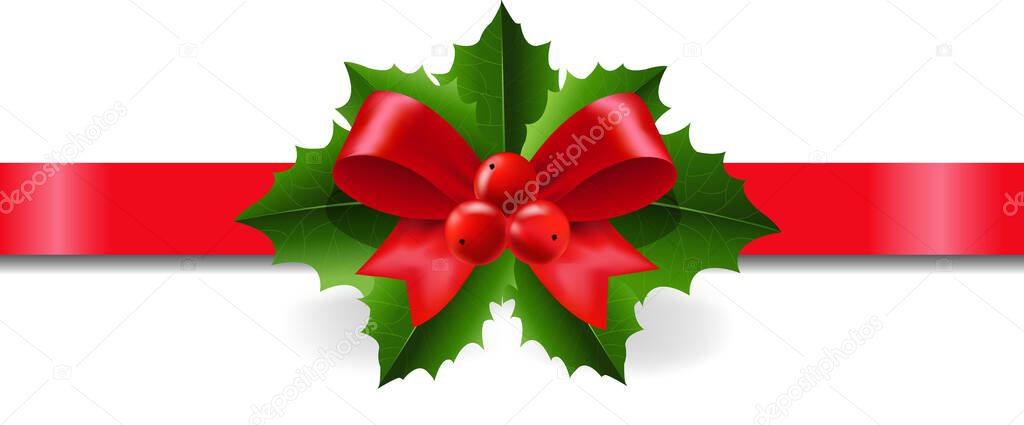 Christmas Red Ribbon With Holly Berry Transparent Background With Gradient Mesh, Vector Illustration