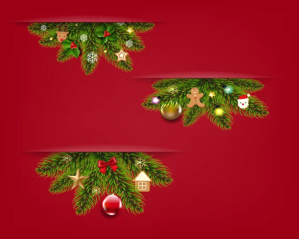 Guirnalda de Navidad con juguetes de Navidad fondo rojo — Vector de stock