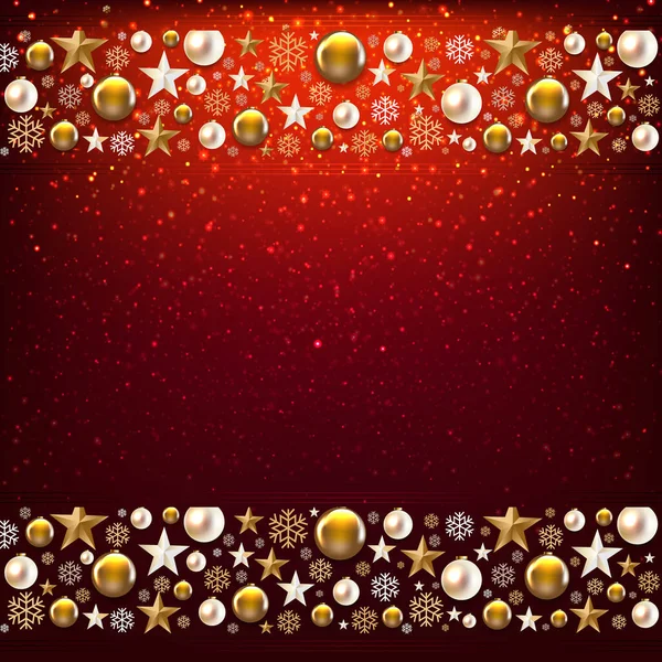Kerstgrens met gouden kerst speelgoed en sterren glitter achtergrond — Stockvector